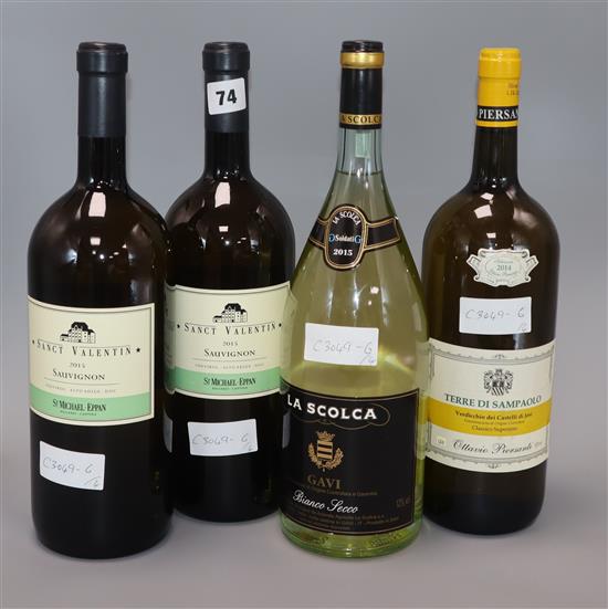 Four magnums: Ottavio Piersanti Terre di Sampaolo, La Scolca Gavi dei Gavi Black label, St Micheal-Eppen Sanct Valentin Sauvignon blanc